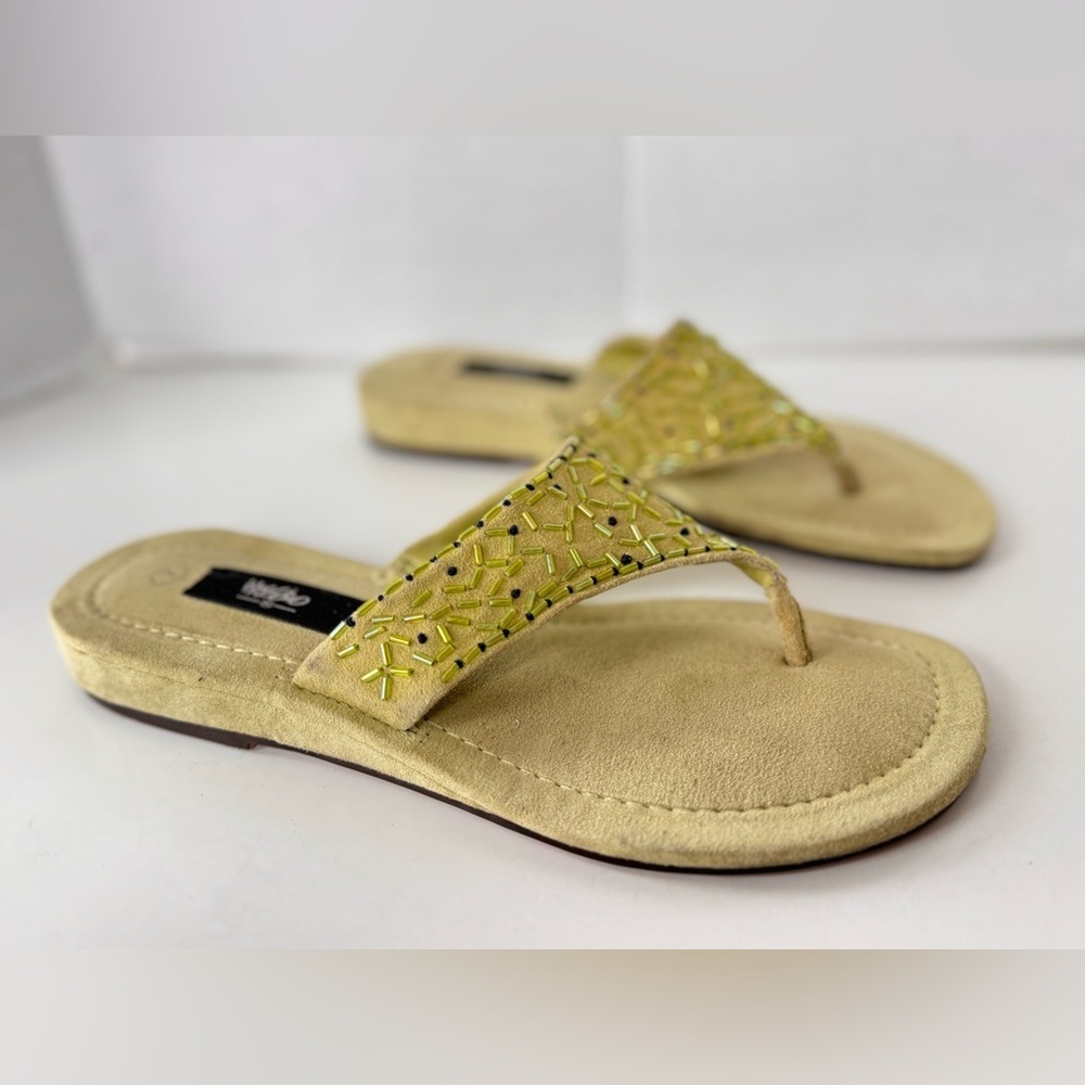 Vintage 90s Y2K Mossimo Lime Green Beaded Leather Suede Flats Thong Sandal Shoes